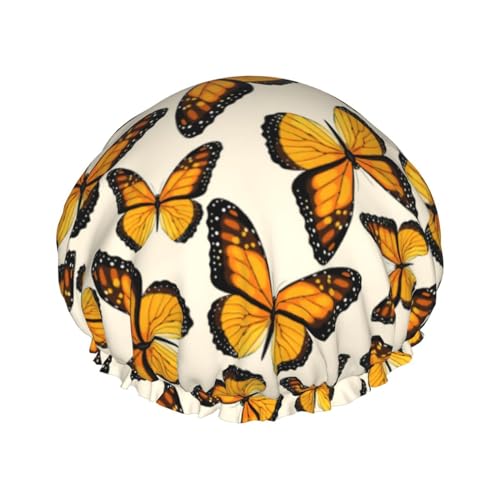 Duschhauben für Frauen, elastische und wiederverwendbare Badekappen, kompatibel mit Orange Monarch Butterfly Floral, doppelte wasserdichte Duschhaube, Badeduschhauben, Haarbadehut von KWQDOZF