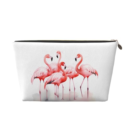 Flamingos Aquarellmalerei Damen Reise-Make-up-Tasche Leder Kosmetiktasche Kulturbeutel mit Reißverschluss von KWQDOZF