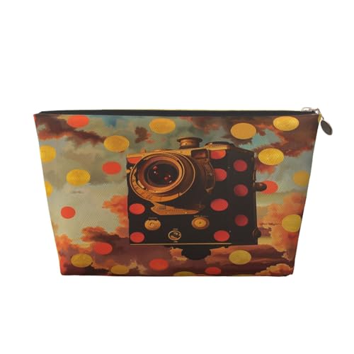 Gelber Punkt Roter Punkt Retro Kamera Damen Make-up Tasche Druck Große Kapazität Reise Make-up Tasche, Leder Wasserdicht Kulturbeutel Rasierbeutel Beutel Geldbörse von KWQDOZF