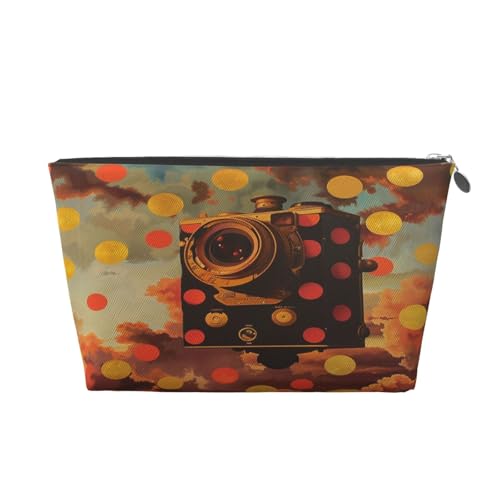 Gelber Punkt Roter Punkt Retro Kamera Damen Make-up Tasche Druck Große Kapazität Reise Make-up Tasche, Leder Wasserdicht Kulturbeutel Rasierbeutel Beutel Geldbörse von KWQDOZF