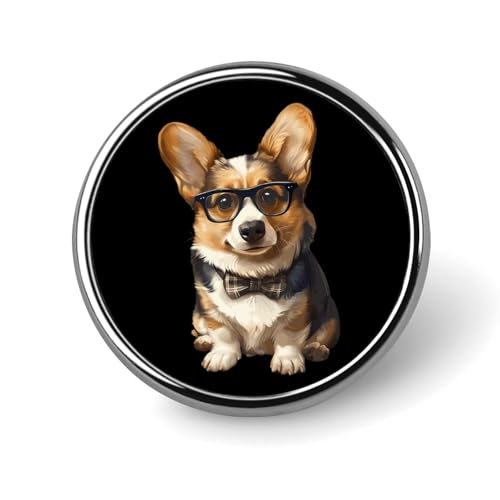 Hund Corgi mit Brille Fliege Runde Brosche Anstecknadel Knopf Revers Krawatte Abzeichen Hut Kleidung Zubehör für Männer Frauen von KWQDOZF