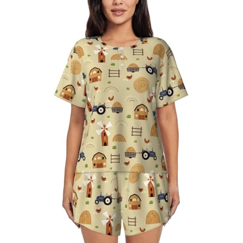KWQDOZF Auto-Traktoren und Häuser Pyjama-Set Damen Lounge Kurzarm und Nachtwäsche weich von KWQDOZF