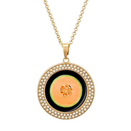 KWQDOZF Cantaloupe-Melone, isoliert, runder Anhänger, Diamant-Halsketten, mehrfarbiges Bild, Schmuck, Geschenke für Frauen von KWQDOZF