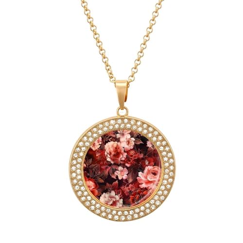 KWQDOZF Dunkelrote und helle Rosen-Pfingstrosen-Blumen-Anhänger-Halskette für Damen, modisch, rund, Gold/Splitter-Kette, Diamant-Lünette von KWQDOZF