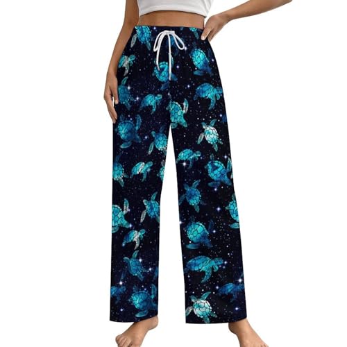 KWQDOZF Galaxy Sea Turtle Pyjamahose mit weitem Bein für Damen, Bequeme Lounge-Pyjamahose mit Kordelzug und Taschen, S-5XL von KWQDOZF