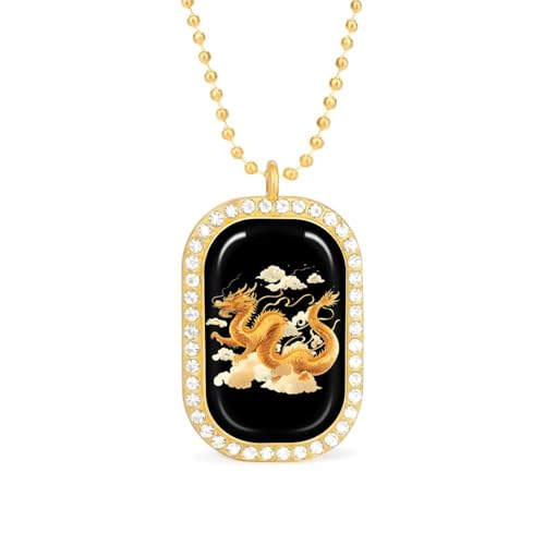 KWQDOZF Goldene Halskette mit chinesischem Drachen- und Wolkenanhänger für Damen, modischer Schmuck mit quadratischer Gold-Splitter-Kette und Diamant-Lünette von KWQDOZF