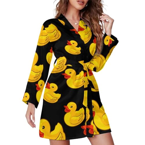 KWQDOZF Gummigelbe Enten-Nachthemden mit Langen Ärmeln für Damen, kurzer Spa-Bademantel, Bademantel mit befestigtem Gürtel, knielange Loungewear von KWQDOZF