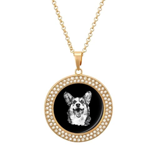 KWQDOZF Halskette mit Anhänger „Corgi Dog in Schwarz und Weiß mit Aquarell-Motiv für Damen, modisch, rund, Gold/Splitter-Kette, Diamant-Lünette von KWQDOZF