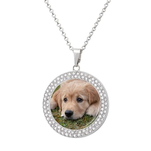 KWQDOZF Halskette mit Anhänger „Golden Retriever für Damen, modisch, rund, Gold/Splitter-Kette, Diamant-Lünette von KWQDOZF