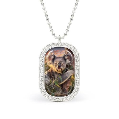 KWQDOZF Halskette mit Anhänger „Koala sitzt im Baum unter Sonnenuntergang für Damen, modisch, quadratisch, Gold/Splitterkette, Diamant-Lünette von KWQDOZF