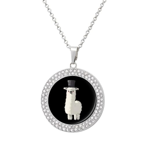 KWQDOZF Halskette mit Anhänger „Lama mit schwarzem Zylinder für Damen, modisch, rund, Gold/Splitter-Kette, Diamant-Lünette von KWQDOZF