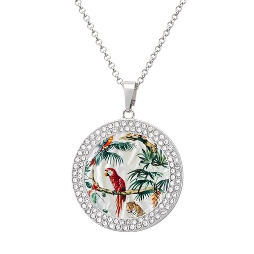 KWQDOZF Halskette mit Anhänger „Leoparden-Palme, Papagei, Vogel für Damen, modisch, rund, Gold/Splitter-Kette, Diamant-Lünette von KWQDOZF