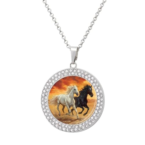 KWQDOZF Halskette mit Anhänger „Running White And Black Horses für Damen, modisch, rund, Gold/Splitter-Kette, Diamant-Lünette von KWQDOZF