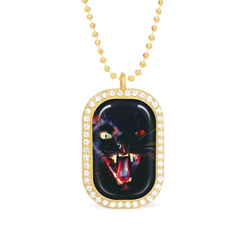 KWQDOZF Halskette mit Anhänger „Schwarze Katzen zeigen Reißzähne für Damen, modisch, quadratisch, Gold/Splitter-Kette, Diamant-Lünette von KWQDOZF