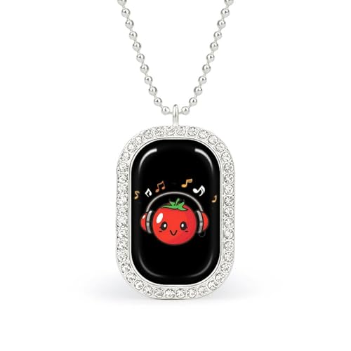 KWQDOZF Halskette mit Anhänger „Tomate mit Kopfhörern und Musiknoten für Damen, modisch, quadratisch, Gold/Splitter-Kette, Diamant-Lünette von KWQDOZF