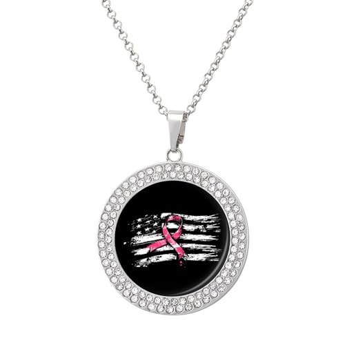 KWQDOZF Halskette mit Anhänger „US-Flagge mit Brustkrebs-Schleife für Damen, modisch, rund, Gold/Splitter-Kette, Diamant-Lünette von KWQDOZF