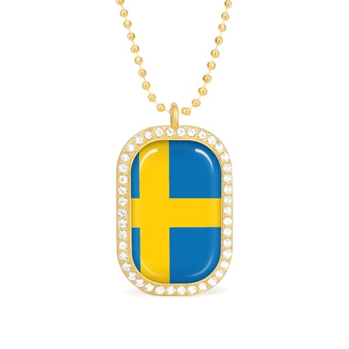 KWQDOZF Halskette mit Anhänger Schweden-Flagge für Damen, modisch, quadratisch, Gold/Splitterkette, Diamant-Lünette von KWQDOZF