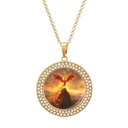 KWQDOZF Halskette mit Phönix-Vogel und Flammen-Anhänger für Damen, modisch, rund, Gold/Splitter-Kette, Diamant-Lünette von KWQDOZF