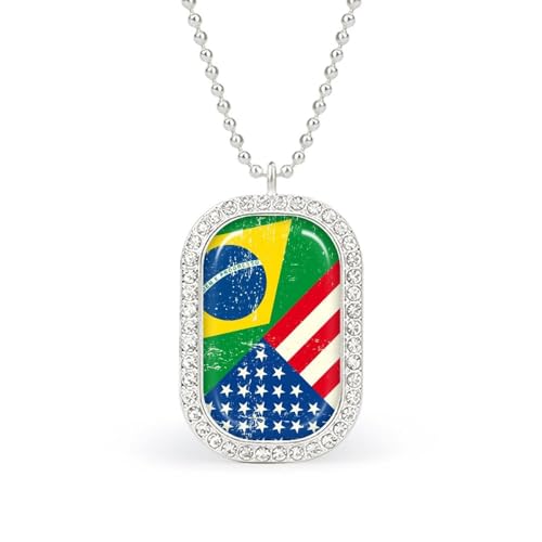 KWQDOZF Halskette mit USA-Brasilien-Amerika-Flagge, leicht, quadratischer Anhänger, Goldsplitterkette, Diamant-Lünette, Schmuck von KWQDOZF
