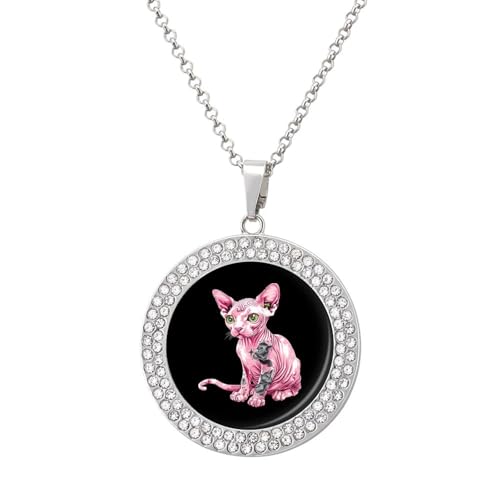 KWQDOZF Halskette mit tätowierter haarloser Sphynx-Katze, Anhänger für Damen, modisch, rund, Gold/Splitter-Kette, Diamant-Lünette von KWQDOZF