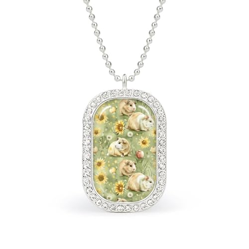 KWQDOZF Meerschweinchen-Halskette mit Sonnenblumen-Grasland-Anhänger für Damen, modisch, quadratisch, Gold/Splitter-Kette, Diamant-Lünette von KWQDOZF
