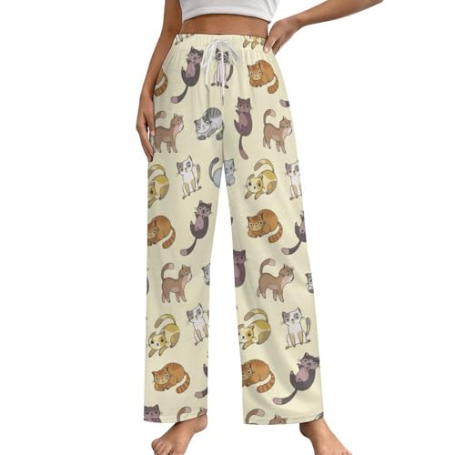 Pyjamahose mit weitem Bein für Damen mit Cartoon-Katzen-Motiv, Bequeme Lounge-Pyjamahose mit Kordelzug und Taschen, S-5XL von KWQDOZF