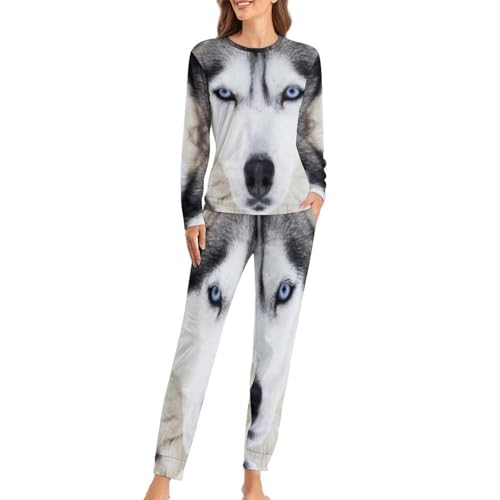 KWQDOZF Siberian Husky Damen-Pyjama-Set, 2-teilig, Loungewear, weiche Langarm-Nachtwäsche von KWQDOZF