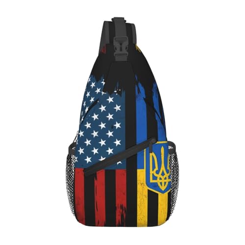 KWQDOZF Sling-Rucksack mit amerikanischer und ukrainischer Flagge und ukrainischen Wurzeln – verstellbare Umhängetasche für Reisen, Fitnessstudio und den täglichen Gebrauch von KWQDOZF