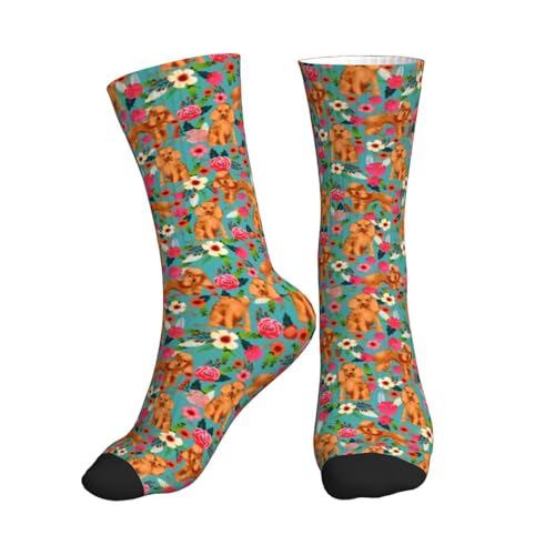KWQDOZF Socken mit Pudel-Aprikosen-Pudel-Blumendesign, mittellange Sportsocken für Sport und den Alltag für Damen und Herren von KWQDOZF