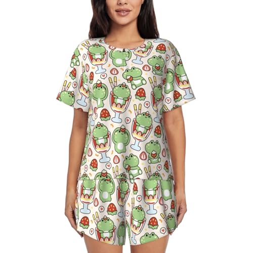 KWQDOZF Süßer Frosch mit Eiscreme-Pyjama-Set für Damen, Lounge-Set mit kurzen Ärmeln und weicher Nachtwäsche von KWQDOZF