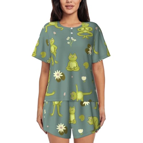 KWQDOZF Süßes Yoga-Frösche-Pyjama-Set für Damen, Lounge-Kurzarm und Nachtwäsche, weich von KWQDOZF