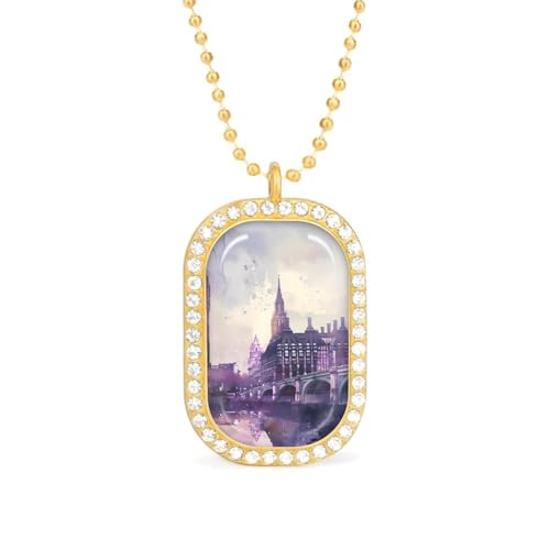 KWQDOZF Uk Big Ben London Bridge Aquarell Anhänger Halskette für Frauen Fashion Square Gold Splitter Kette Diamant Lünette Schmuck von KWQDOZF