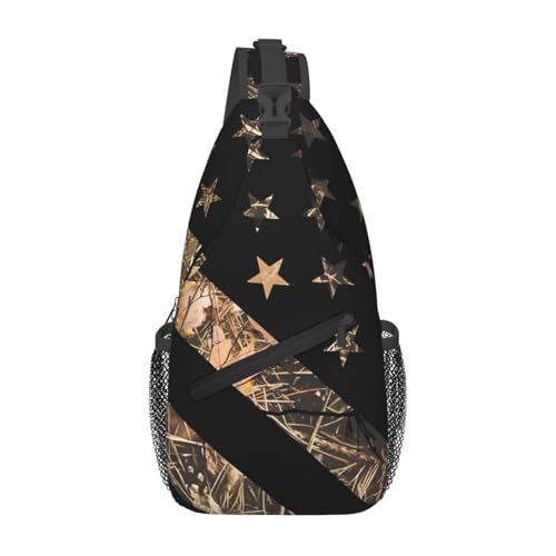 KWQDOZF Verstellbarer Sling-Rucksack mit Jagdtarnung und amerikanischer Flagge – Lässige Umhängetasche für Reisen, Fitnessstudio und den täglichen Gebrauch von KWQDOZF