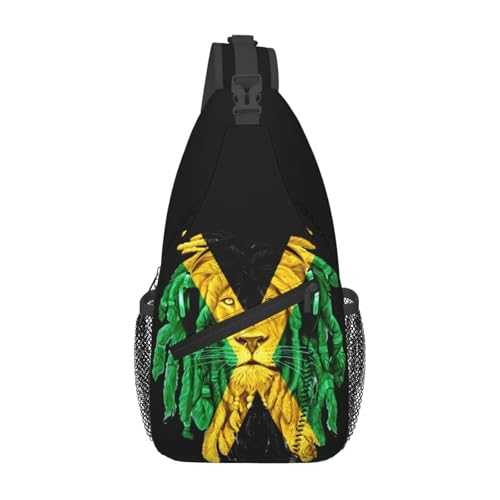 KWQDOZF Verstellbarer Sling-Rucksack mit Löwenkopf und jamaikanischer Flagge – Lässige Umhängetasche für Reisen, Fitnessstudio und den täglichen Gebrauch von KWQDOZF