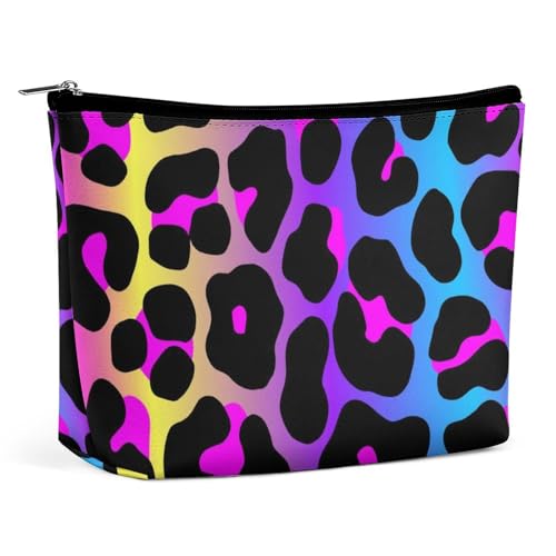 Kleine Make-up-Tasche, Reise-Kosmetiktasche aus PU-Leder mit Gepardenhaut-Regenbogen-Leopardenmuster, wasserdichte Reißverschlusstasche mit großem Fassungsvermögen, tragbarer Kulturbeutel für Damen von KWQDOZF