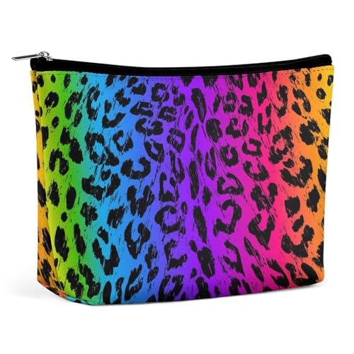 Kleine Make-up-Tasche, Reise-Kosmetiktasche aus PU-Leder mit Regenbogen- und Geparden-Leoparden-Print, wasserdichte Reißverschlusstasche mit großem Fassungsvermögen, tragbarer Kulturbeutel für Damen von KWQDOZF