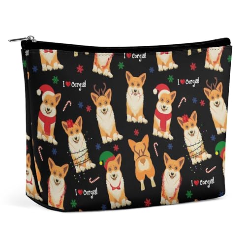 Kleine Make-up-Tasche, Reisekosmetiktasche aus PU-Leder mit Weihnachts-Corgi-Hunden, wasserdichte Reißverschlusstasche mit großer Kapazität, tragbare Kulturtasche für Frauen von KWQDOZF