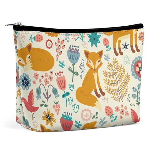 Kleine Make-up-Tasche für Damen, Reise-Kosmetiktasche, Kosmetiktasche mit großem Fassungsvermögen und Reißverschluss, tragbare Aufbewahrungstasche für Accessoires, Blumen-Füchse von KWQDOZF