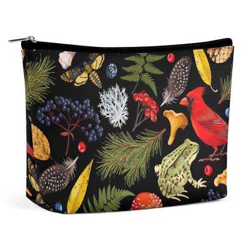 Kleine Make-up-Tasche für Damen, Reise-Kosmetiktasche aus PU-Leder, Kosmetiktasche mit großem Fassungsvermögen und Reißverschluss, wasserdichte Kulturtasche, Herbstblätter, Frosch, roter Pilz von KWQDOZF