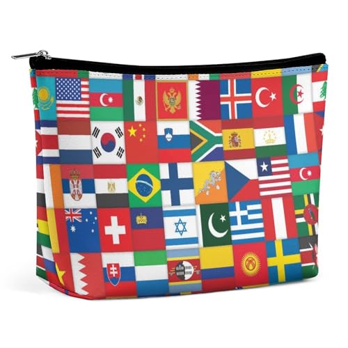 Kleine Make-up-Tasche für Damen, Reise-Kosmetiktasche aus PU-Leder, Kosmetiktasche mit großem Fassungsvermögen und Reißverschluss, wasserdichte Kulturtasche, Weltflagge von KWQDOZF