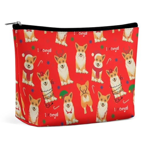Kleine Make-up-Tasche für Damen, Reisekosmetiktasche aus PU-Leder, Wasserabweisende Kulturtasche, tragbare Aufbewahrungstasche für Accessoires, Weihnachts-Corgi-Hunde, Rot von KWQDOZF