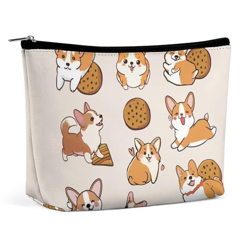 Kleine Make-up-Tasche für Damen, Reisekosmetiktasche aus PU-Leder, Wasserabweisende Kulturtasche, tragbare Aufbewahrungstasche für Accessoires, süßer Corgis und Keks von KWQDOZF