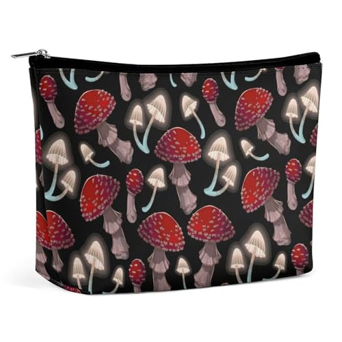 Kleine Schminktasche für Damen, Reisekosmetiktasche aus PU-Leder, Wasserabweisende Kulturtasche, ästhetisches Design, Einkaufstasche für Damen, Goth Red Mushrooms von KWQDOZF