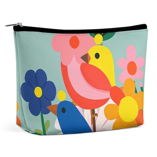 Kosmetiktasche, Make-up-Taschen für Damen, tragbare Make-up-Tasche, Bunte Blumen, Vogel-Make-up-Etui, Reise-Kulturtasche für Reisezubehör von KWQDOZF