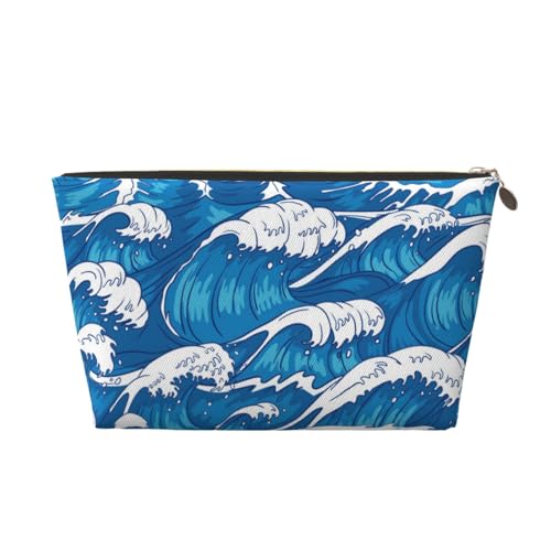 Kosmetiktasche aus Leder mit Sturmwellen und tobendem Wasser, Reise-Make-up-Tasche, tragbarer Kulturbeutel, geräumige Handtaschen, Geldbörsen für Frauen und Mädchen von KWQDOZF