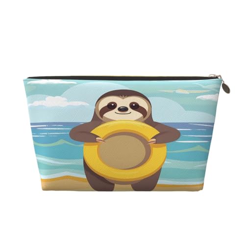 Kosmetiktasche für Damen, Motiv: süßes Faultier, Strand, Reise-Make-up-Tasche aus Leder, Kulturbeutel mit Reißverschluss von KWQDOZF
