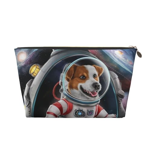 Kosmetiktasche für Damen mit Astronautenhund-Print, große Kapazität, Reise-Make-up-Tasche aus Leder, wasserdicht, Kulturbeutel, Rasierbeutel, Geldbörse, Gold von KWQDOZF