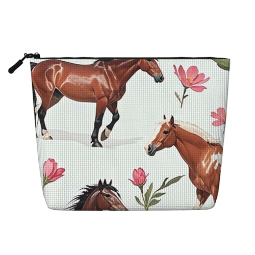 Kosmetiktasche mit Pferdemotiv, großes Reisevolumen für Damen, wasserdichte, einlagige, tragbare Kosmetiktasche aus Hanfimitat mit Reißverschluss, Kosmetiktasche von KWQDOZF