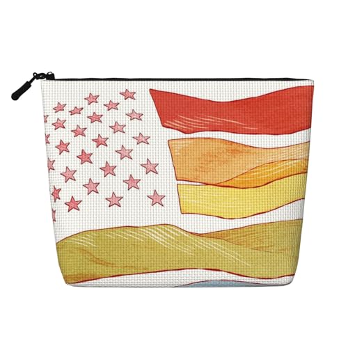 Kosmetiktasche mit amerikanischer Flagge, großes Reisevolumen für Damen, wasserdichte, einlagige, tragbare Kosmetiktasche aus Hanfimitat mit Reißverschluss von KWQDOZF