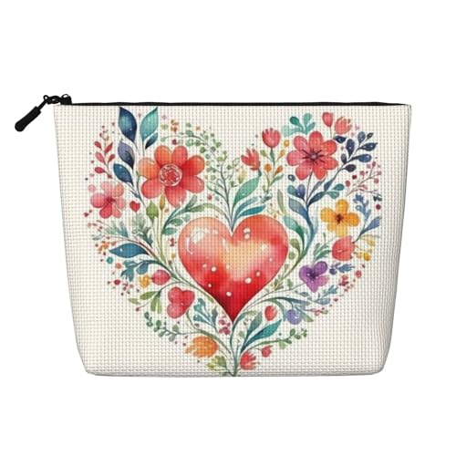 Love Featured Flowers Valentinstag Großes Fassungsvermögen Reise-Make-up-Tasche für Damen, wasserdichte einlagige tragbare Kosmetiktasche aus Hanfimitat mit Reißverschluss von KWQDOZF